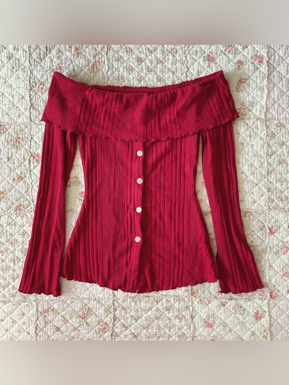 SHEIN Off-the-Shoulder Ribbed Button-Front Sweater - Red - Picture 2 of 3
